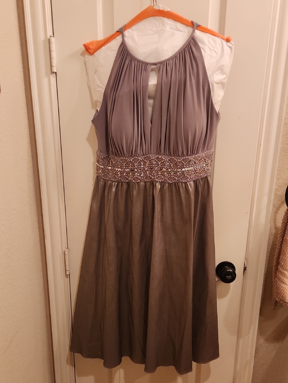R&M Richards Taupe/Gray and Silver Beaded Waist Formal Dress